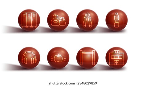 Set line Locker or changing room, Headphones, Bottle of water, Horizontal bar, Apple, Kettlebell, Gym building and Sport expander icon. Vector
