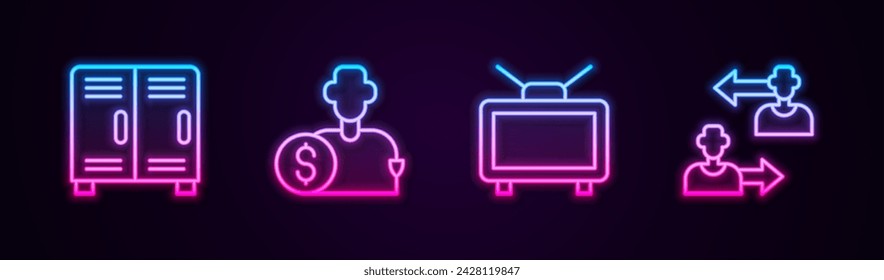 Set line Locker or changing room, Buy football player, Football match on TV and Substitution. Glowing neon icon. Vector