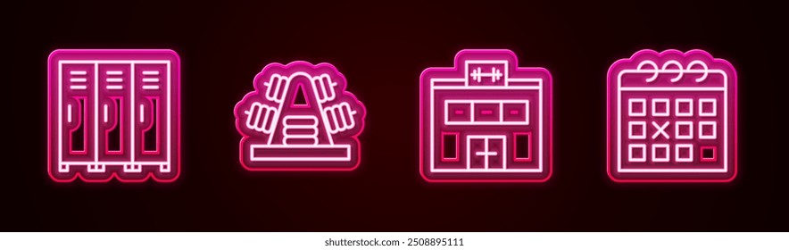 Set line Locker or changing room, Metal rack with weights, Gym building and Calendar fitness. Glowing neon icon. Vector