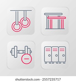 Set line Locker or changing room, Dumbbell, Uneven bars and Gymnastic rings icon. Vector