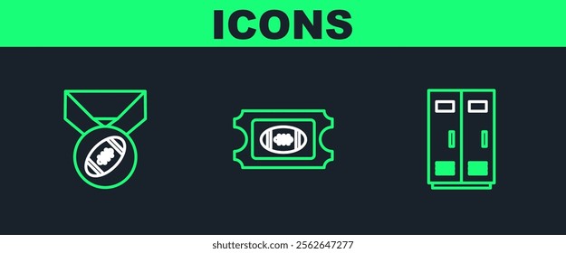 Set line Locker or changing room for football, basketball team or workers, American Football with medal and ticket icon. Vector