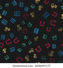 Set line Locker or changing room, Heartbeat increase, Dumbbell and Headphones on seamless pattern. Vector