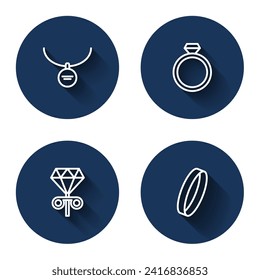 Set line Locket on necklace, Diamond engagement ring, Stud earrings and Wedding with long shadow. Blue circle button. Vector