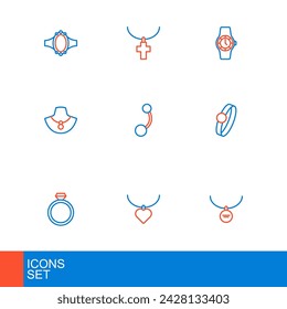 Set line Locket on necklace, Necklace with heart shaped, Diamond engagement ring, mannequin, Piercing, Wrist watch and Christian cross chain icon. Vector