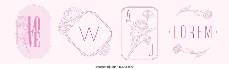 Set of line Logo design frames with floristic elements. Pink ready to make  elegant feminine logo templates with peony flowers. Line art, floral contour shapes. Botanical logo arrangement.