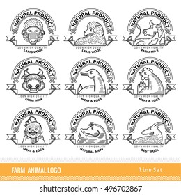 Set of line logo and labels for different animal farm products