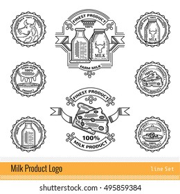 Set of line logo and round labels for milk farm products