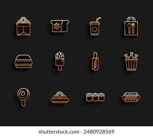 Set line Lollipop, Asian noodles in bowl, Noodles box, Sushi, Hotdog sandwich, Ice cream, Chicken leg package and  icon. Vector