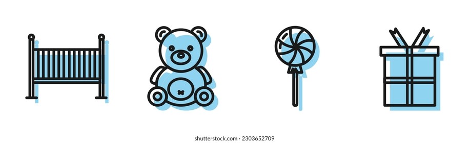 Set line Lollipop, Baby crib cradle bed, Teddy bear plush toy and Gift box icon. Vector