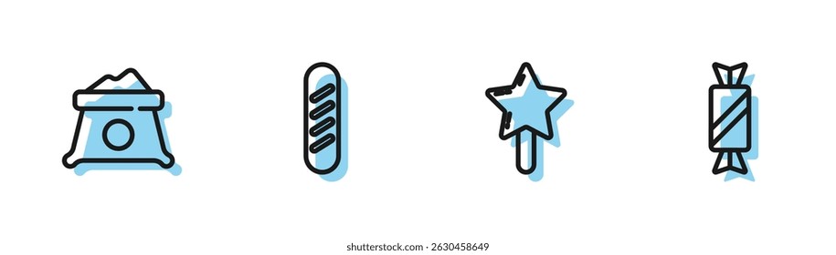Set line Lollipop, Bag of flour, French baguette bread and Candy icon. Vector