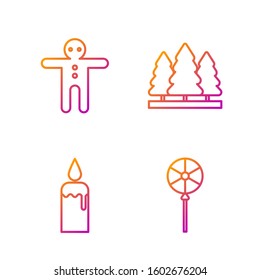 Set line Lollipop, Burning candle in candlestick, Holiday gingerbread man cookie and Christmas trees. Gradient color icons. Vector