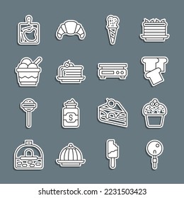 Set line Lollipop, Cake, Bread toast, Ice cream in waffle cone, Piece of cake, bowl, Cutting board and Electronic scales icon. Vector