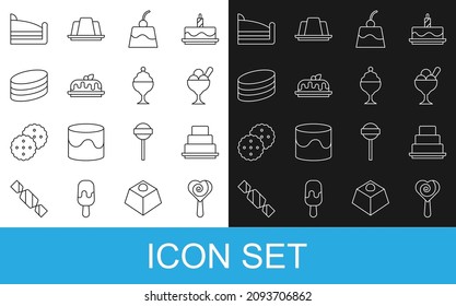 Set line Lollipop, Cake, Ice cream in bowl, Pudding custard, Brownie chocolate cake, Piece of and  icon. Vector