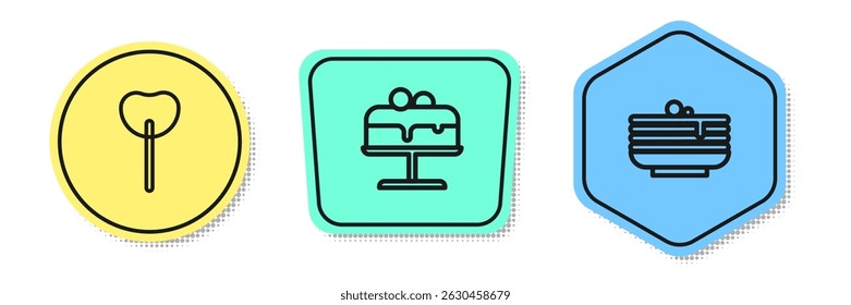 Set line Lollipop, Cake on plate and Stack of pancakes. Colored shapes. Vector