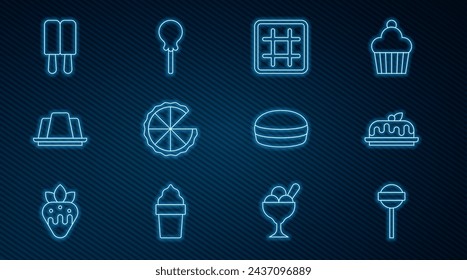 Set line Lollipop, Cake, Waffle, Homemade pie, Jelly cake, Ice cream, Macaron cookie and  icon. Vector