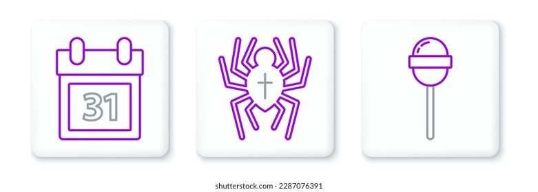 Set line Lollipop, Calendar with Halloween date 31 october and Spider icon. Vector