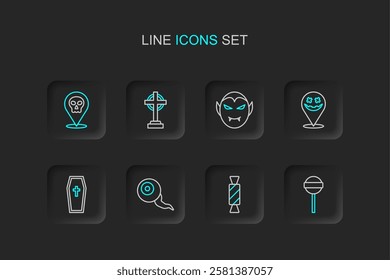 Set line Lollipop, Candy, Eye, Coffin with christian cross, Happy Halloween holiday, Vampire, Tombstone and Skull icon. Vector