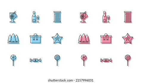 Set line Lollipop, Candy, Mulled wine with glass of drink, Gift box, Christmas star, trees and Champagne bottle champagne icon. Vector
