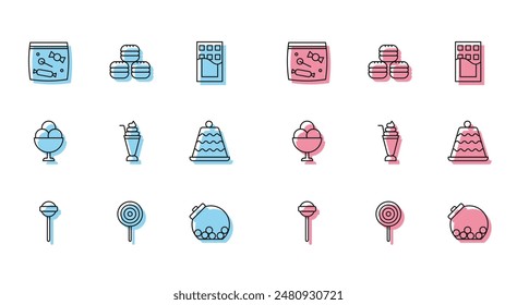 Set line Lollipop, Candy packaging for sweets, Glass jar with candies inside, Milkshake, Cake, Ice cream bowl and Macaron cookie icon. Vector