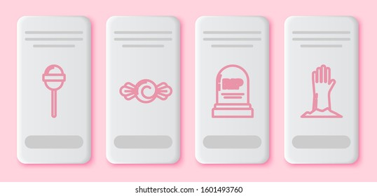 Set line Lollipop , Candy , Tombstone with RIP and Zombie hand . White rectangle button. Vector
