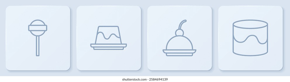 Set line Lollipop, Cherry cheesecake, Pudding custard and Cake. White square button. Vector