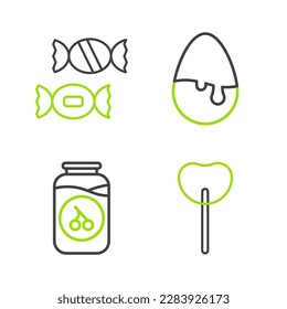 Fijar línea Lollipop, tarro de mermelada de cerezo, huevo de chocolate e icono de Candy. Vector