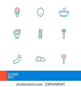 Set line Lollipop, Chicken egg, Eggplant, Fork, leg, Food chopsticks, Mortar and pestle and Lemon icon. Vector