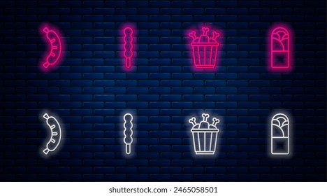 Set line Lollipop, Chicken leg in package box, Hotdog and Doner kebab. Glowing neon icon on brick wall. Vector