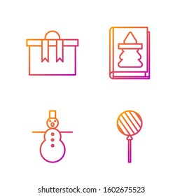 Set line Lollipop, Christmas snowman, Gift box and Christmas book. Gradient color icons. Vector