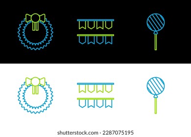 Set line Lollipop, Christmas wreath and Carnival garland with flags icon. Vector