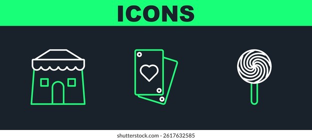 Set line Lollipop, Circus tent and Playing card icon. Vector
