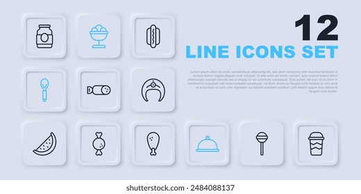 Set line Lollipop, Coffee cup to go, Salami sausage, Covered with tray food, Spoon, Chicken leg, Ice cream in the bowl and  icon. Vector