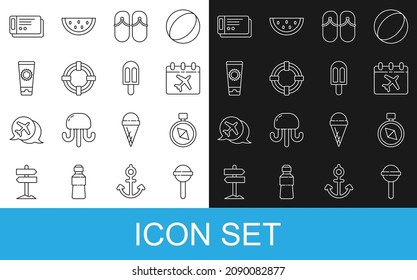 Set line Lollipop, Compass, Calendar and airplane, Flip flops, Lifebuoy, Sunscreen cream in tube, Travel ticket and Ice icon. Vector