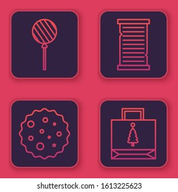 Set line Lollipop, Cookie or biscuit with chocolate, Christmas wish list template and Christmas paper shopping bag. Blue square button. Vector