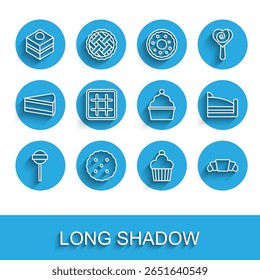 Set line Lollipop, Cookie or biscuit, Brownie chocolate cake, Cake, Croissant, Waffle, Piece of and  icon. Vector