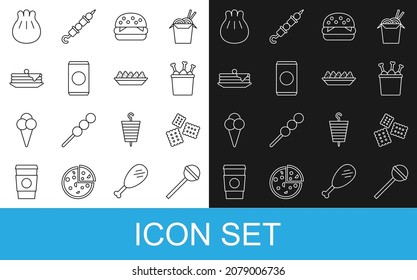 Set line Lollipop, Cracker biscuit, Chicken leg in package box, Burger, Soda can with straw, Stack of pancakes, Khinkali on cutting board and Nachos plate icon. Vector