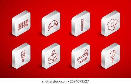 Set line Lollipop, Croissant, Knife, Scrambled eggs, Mortar and pestle, Electronic scales, Apple in caramel and Ice cream waffle cone icon. Vector