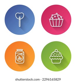 Set line Lollipop, Cupcake, Cherry jam jar and . Color circle button. Vector