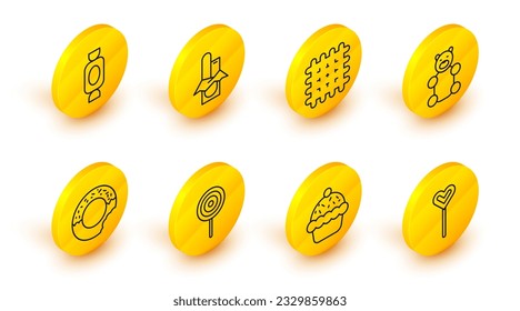 Die Linie Lollipop, Cupcake, Donut, Gelee Bär Süßigkeiten, Cracker Biscuit, Schokolade und Candy Icon. Vektorgrafik