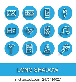 Set line Lollipop, Envelope with Valentine heart, Couple love, Search and, Broken or divorce, Music note, tone hearts and Dating app online icon. Vector