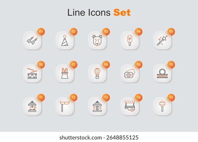 Set line Lollipop, Fast street food cart, Attraction carousel, Paper mustache stick, Roller coaster, Circus ticket and Hot air balloon icon. Vector