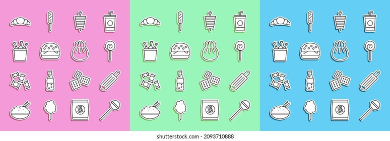 Set line Lollipop, French hot dog, Grilled shish kebab, Burger, Chicken leg in package box, Croissant and Khinkali on cutting board icon. Vector