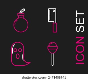 Set line Lollipop, Ghost, Meat chopper and Bomb ready to explode icon. Vector