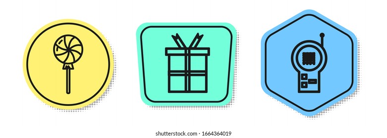 Set line Lollipop, Gift box and Baby Monitor Walkie Talkie. Colored shapes. Vector