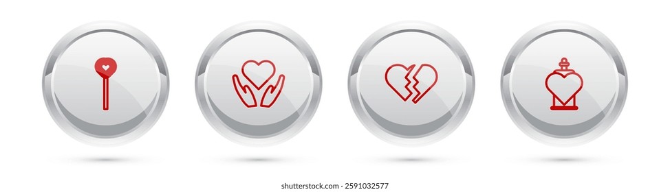 Set line Lollipop, Heart in hand, Broken heart and Bottle with love potion. Silver circle button. Vector