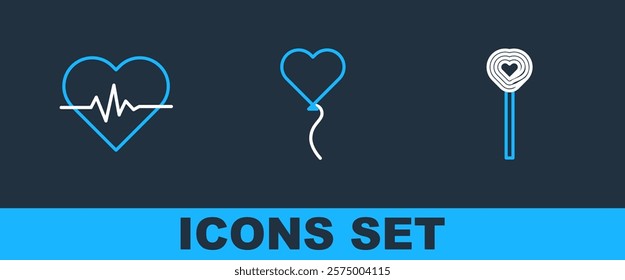 Set line Lollipop, Heart rate and Balloon in form of heart icon. Vector