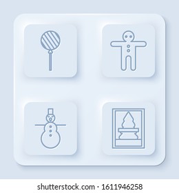 Set line Lollipop, Holiday gingerbread man cookie, Christmas snowman and Christmas postcard. White square button. Vector