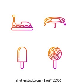 Set line Lollipop, Ice cream, Bumper car and Jumping trampoline. Gradient color icons. Vector