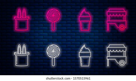 Set line Lollipop, Ice cream in waffle cone, Magician hat and rabbit ears and Fast street food cart with awning. Glowing neon icon on brick wall. Vector