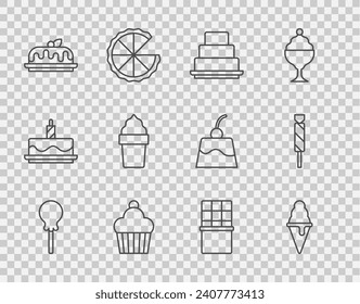 Set line Lollipop, Ice cream in waffle cone, Cake, Chocolate bar and Candy icon. Vector